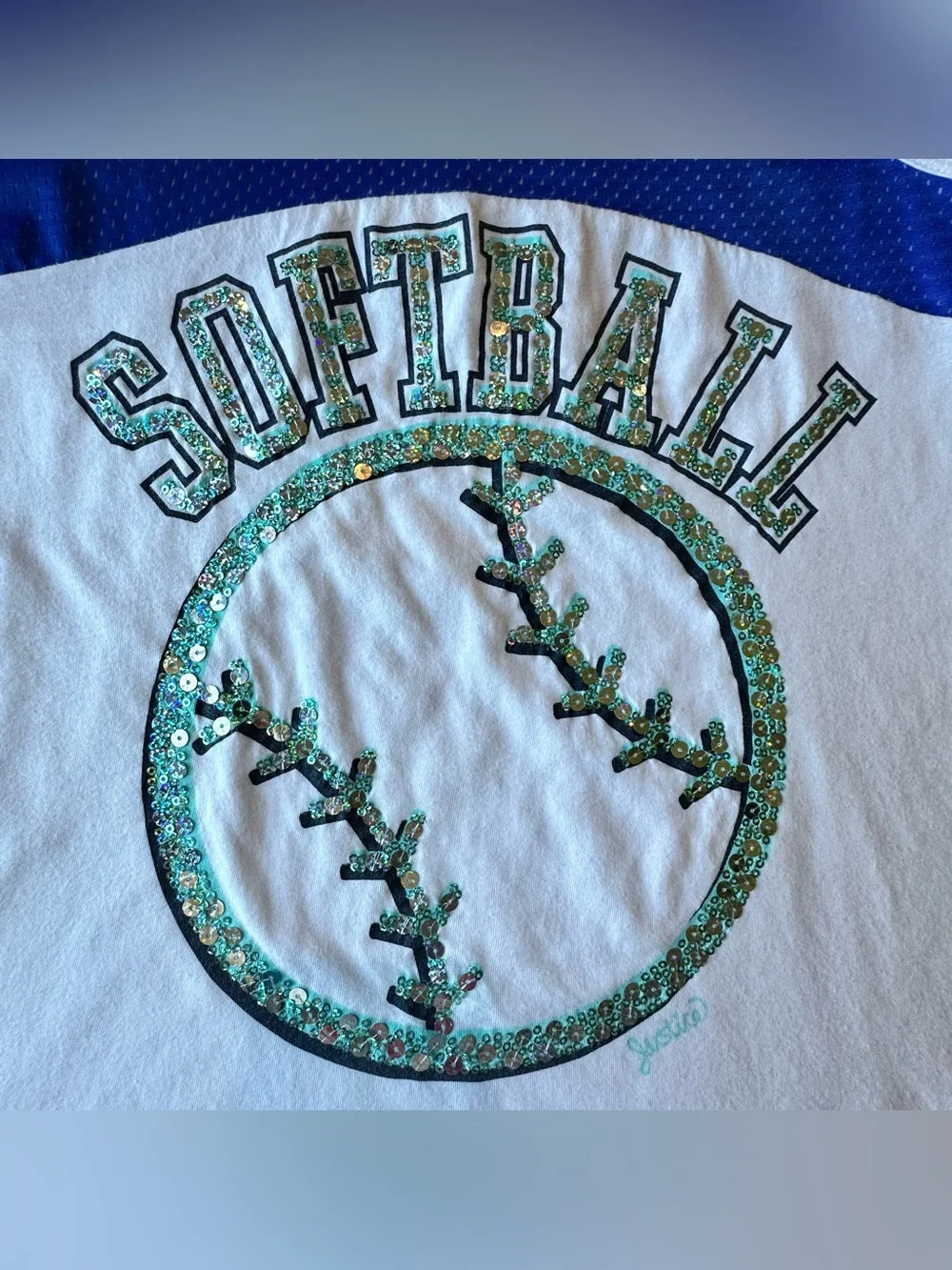 Justice Girls Tank Top Softball Blue White Glitter Aqua Sequins 2012 Size 16